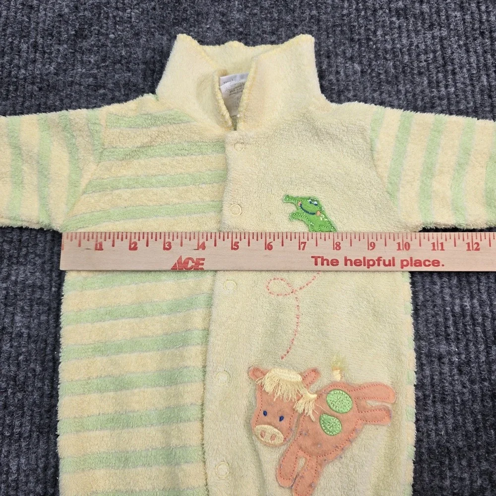 Vtg Carters Baby 0-3M Yellow Green Stripe Terrycloth Pajamas Embroidered Animals